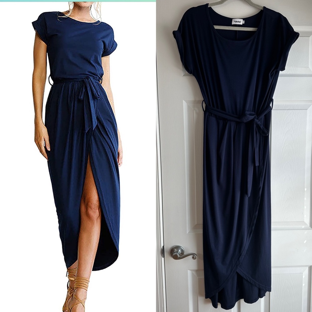 Navy Blue Short Sleeve High Low Maxi Dress with Belt - Large